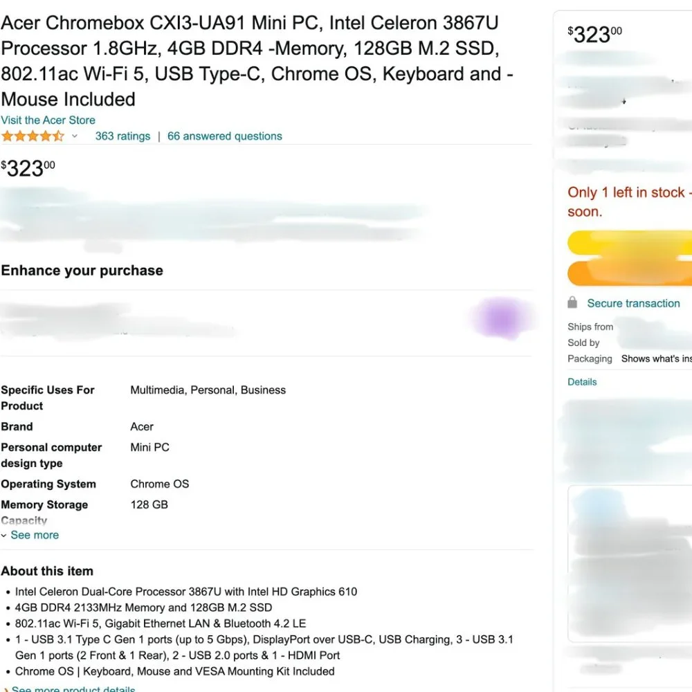 Acer Chromebox 1.8 Celeron 128GB M.2SSD/4GB DDR4/W-Fi 5, EUC (CXI3-UA91)